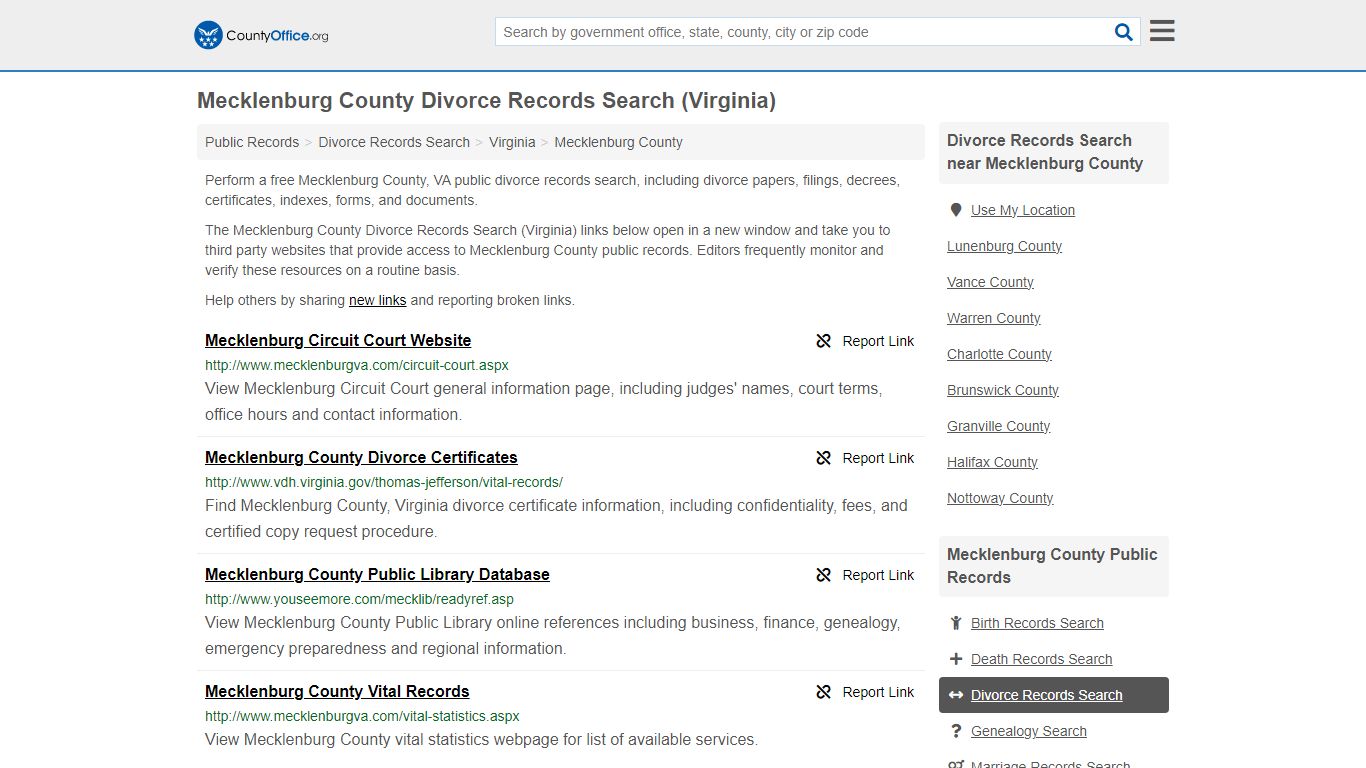 Mecklenburg County Divorce Records Search (Virginia) - County Office